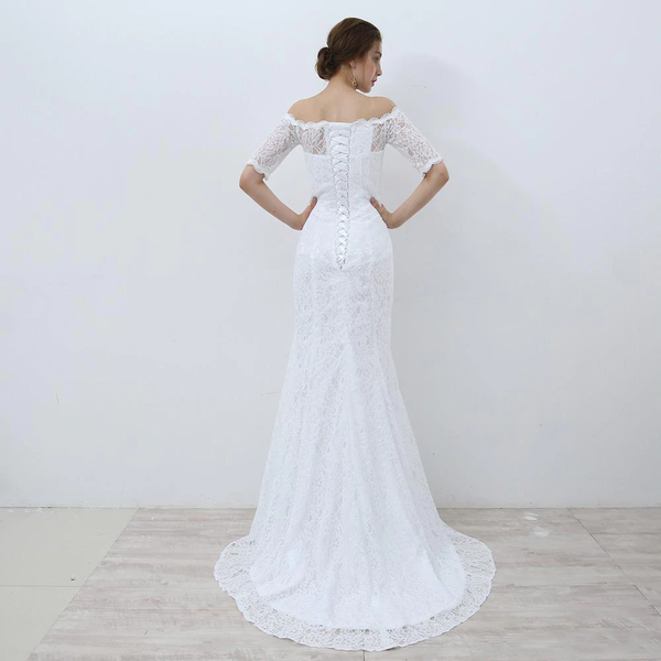 Shop Romantic  Half Sleeves Off The Shoulder Lace Boho Mermaid Wedding Dress Under 200