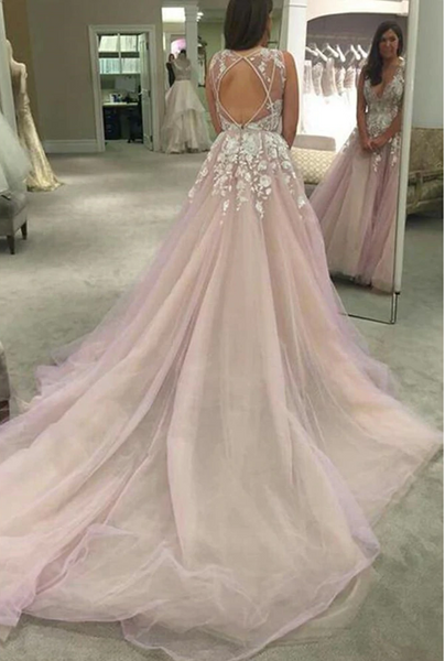 Shop Cheap Pink Applique Open Back Sleeveless A Line V Neck Tulle Wedding Dresses under 200
