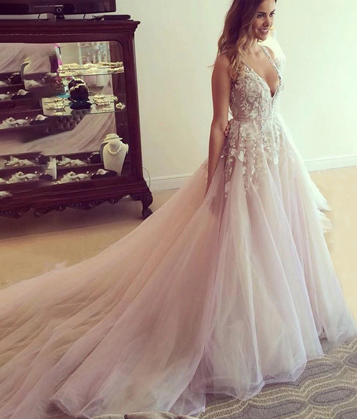 Shop Cheap Pink Applique Open Back Sleeveless A Line V Neck Tulle Wedding Dresses under 200