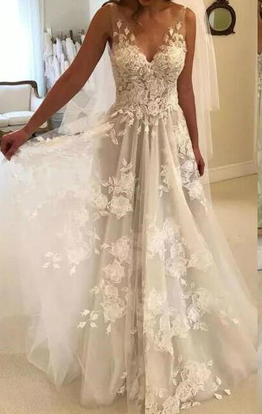 Beautiful 2020 Long V Neck Tulle Sexy Back Deep V Appliques Wedding Dresses under 100