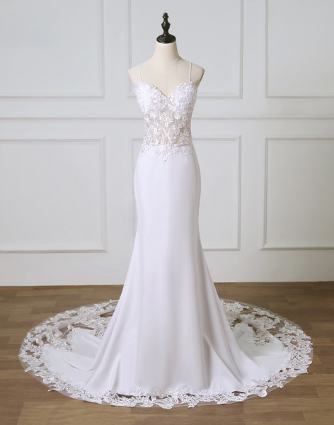 Shop Cheap Jersey Mermaid Spaghetti Straps Vintage Lace Appliques Wedding Dress under 100