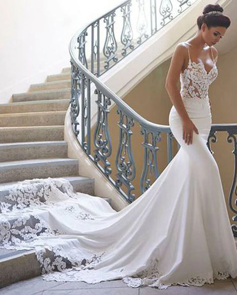 Shop Cheap Jersey Mermaid Spaghetti Straps Vintage Lace Appliques Wedding Dress under 100