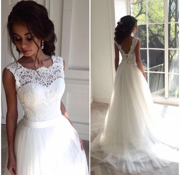 Summer Beach Lace O-Neck Lace Tulle Boho cheap Wedding Dress