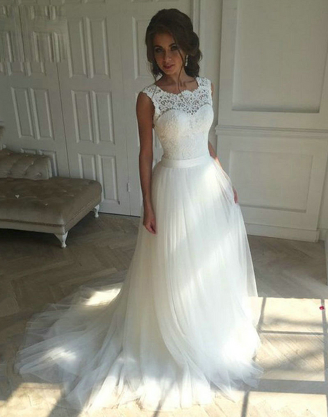 Summer Beach Lace O-Neck Lace Tulle Boho cheap Wedding Dress