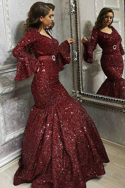 Shop 2020 Mermaid Glitter Sequins Burgundy Plus Size Formal Long Sleeve Prom Dress under 200
 