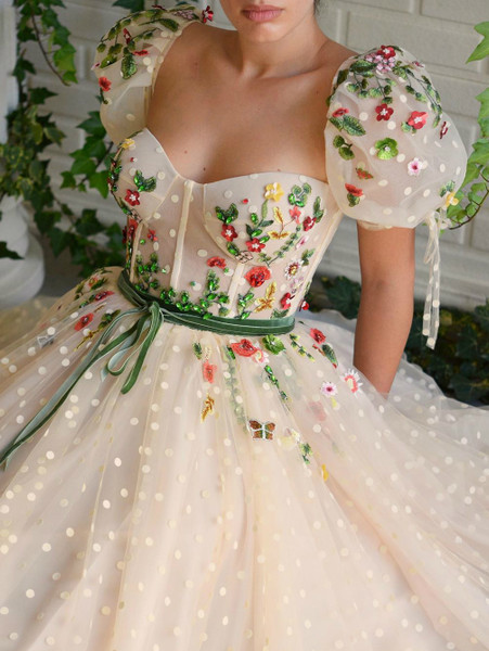 Champagne 2020  Cap Sleeve Flowers Beaded Sweetheart A Line Tulle Formal Evening Dress From Annakoo