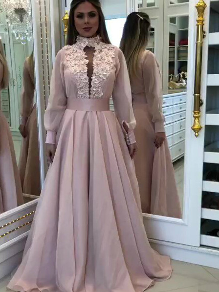 Shop 2020 Pink Chiffon Long Sleeves Dubai High Neck Lace Appliques Beaded  Prom Evening Dress under 200