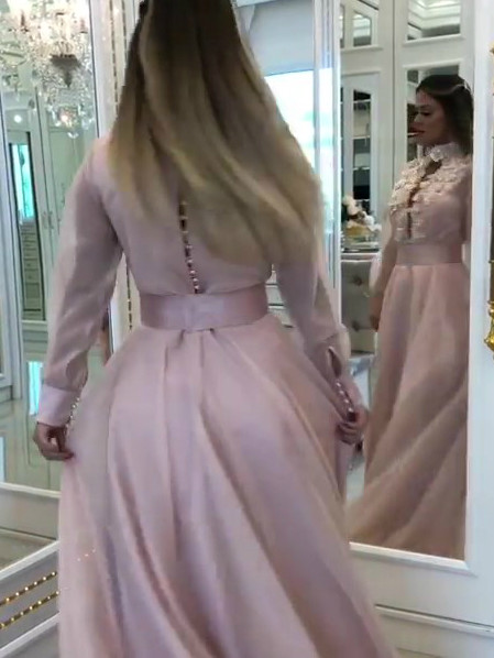 Shop 2020 Pink Chiffon Long Sleeves Dubai High Neck Lace Appliques Beaded  Prom Evening Dress under 200