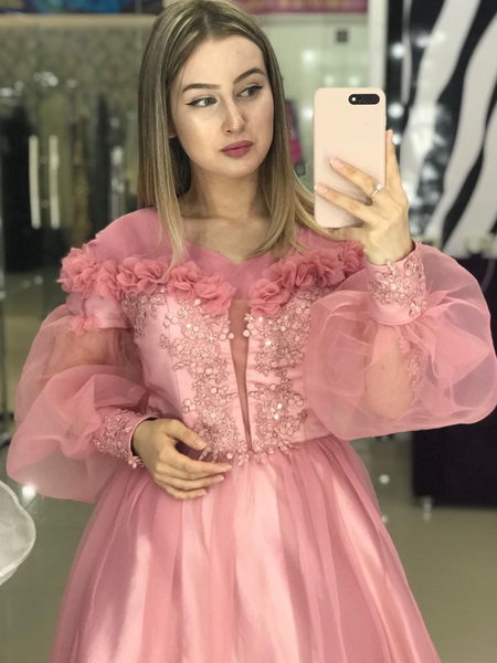 Shop 2020 Long Sleeves Pink A Line Lace Appliques Beaded 3D Flowers Formal Prom Evening Dress under 200