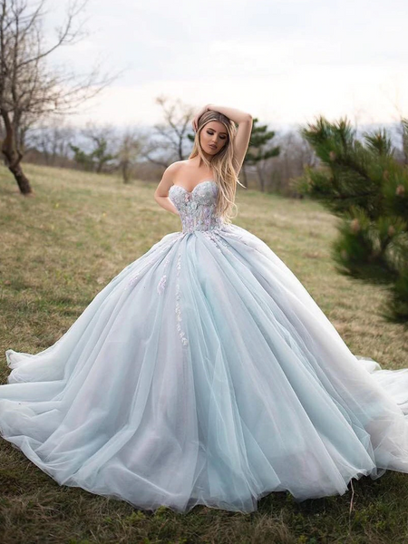 Shop Annakoo 2020 Ball Gown Sweetheart Tulle Light Blue 3D Flowers Appliques 15 Years Sweet 16 Gowns under 200