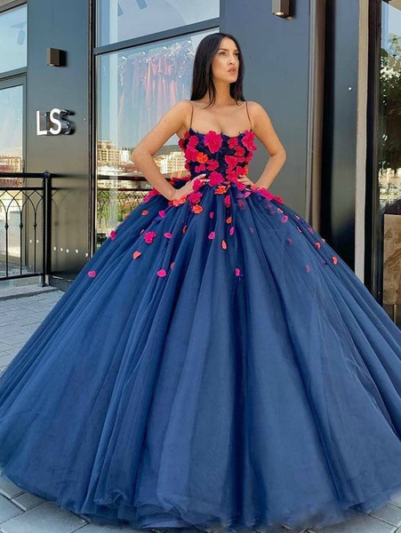 Shop Beautiful 2020 Ball Gown Sexy Spaghetti Straps 3D Flowers Boat Neck Blue Quinceanera Dresses under 200
