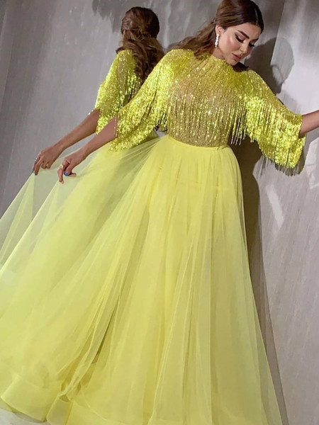 Shop Luxury Sequined Beading Yellow Tulle Arabic Dubai Long Evening Dress With Sleeves For 2020 Prom