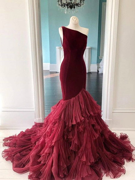 Shop Elegant Burgundy Velvet One Shoulder Ruffles Chiffon Tiered Mermaid Prom Dress under 200