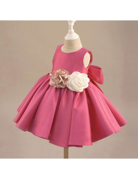 Fuchsia Satin Classic Flowers And Bow Flower Girl Dress