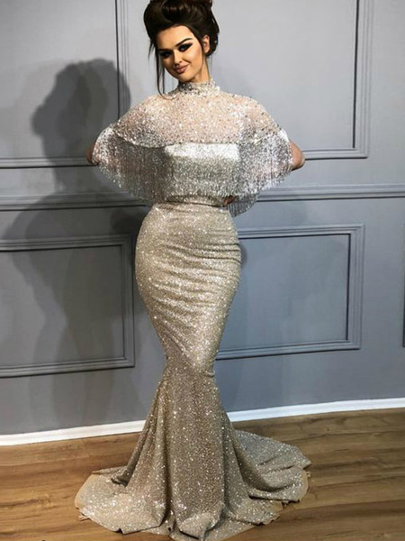 Shop Luxury Glitter Beaded High Neck Tassels Arabic Chic Sparkly Sequins Mermaid Evening Dress under 200