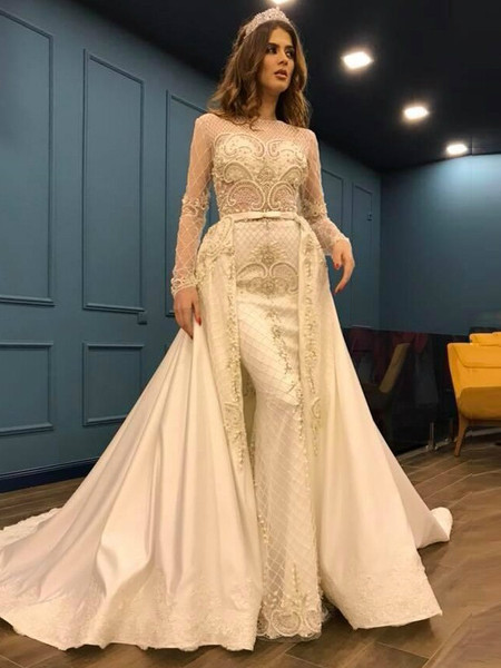Shop Luxury Champagne Sheer Long Sleeves Beaded Mermaid Prom Dresses With Detachable Train under 200