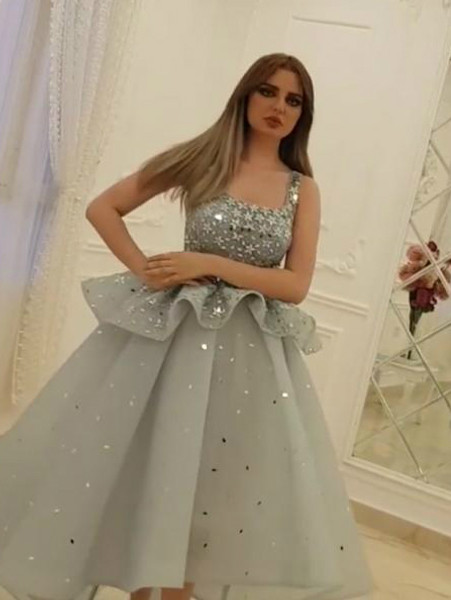 Shop Unique Stars Silver Square Neckline Crystal Peplum Silver Ball Gown High Low Arabic Style Evening Prom Dress under 200