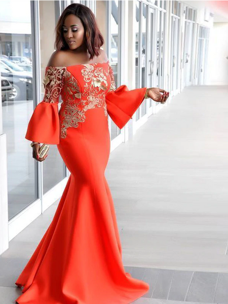Shop Unique 2020 African Plus Size Women Off Shoulder Lace Long Sleeve Vintage Orange Mermaid Prom Evening Dress under 200