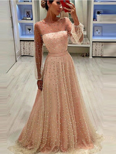 Shop Romantic Summer Pink Tulle Long Long Sleeves Floor Length Formal Evening Prom Dress with Pearls under 200