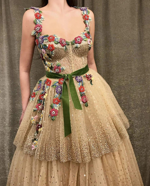Shop New Arrival Spaghetti Strap Champagne Layered Tulle Embroidery Glitter Tulle Long Evening Prom Dress under 200