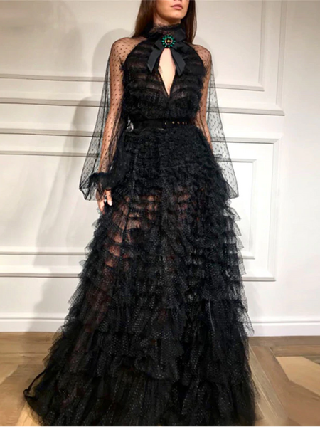 Shop Sexy Beading Black Tiered Tulle High Neck Sheer Long Sleeves Prom Evening Dress under 200
