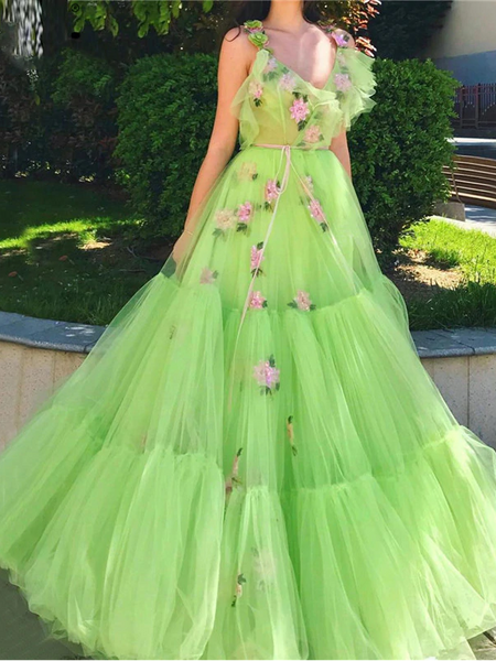 Shop Cheap Flower Floral V Neck Appliques Green Tiered Tulle Long Evening Prom Dress under 200