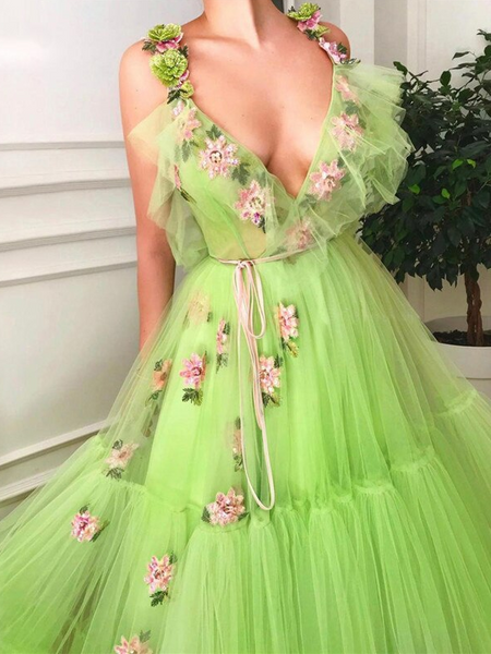 Shop Cheap Flower Floral V Neck Appliques Green Tiered Tulle Long Evening Prom Dress under 200