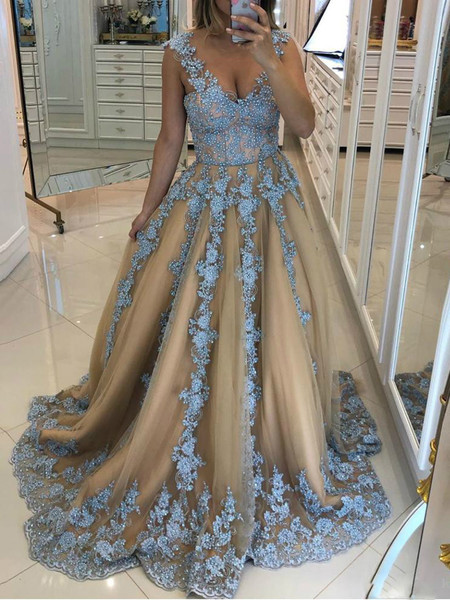 Shop Luxury Champagne Tulle V Neck Blue Appliques Beaded Lace Up Back Evening Prom Dress under 200
