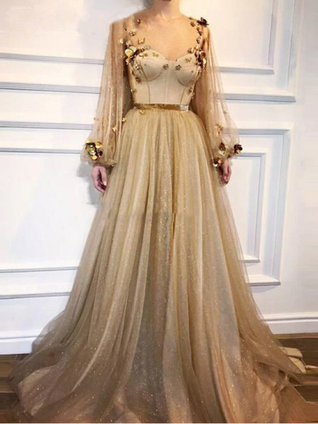 Shop Bling Bling Glitter Tulle Gold Illusion Long Sleeves A Line Long Prom Dresses from Annakoo