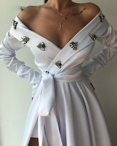 Shop 2020 Sexy Off The Shoulder V-Neck White A-Line Beading Full Sleeves Split Prom Dress From Annakoo