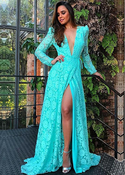 Shop 2020 Turquoise Long Sleeves Lace V-neck A-line Evening Prom Dresses With Belt & Slit From Annakoo