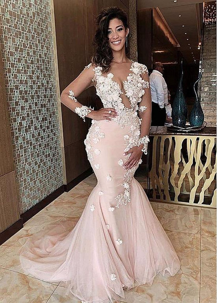 Shop 2020 Annakoo Tulle Jewel 3D Flowers See-through Pink Mermaid Evening Dresses With Beadings under 200