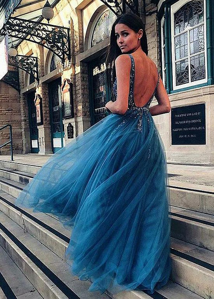 Shop Backless Blue Tulle V-neck Deep Columbia Full-length A-line Prom Dresses With Beadings under 200