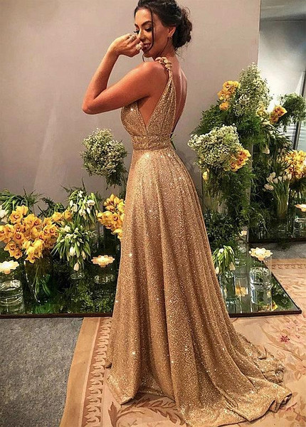 Shop Sexy 2020 Spray Gold Net V-neck Sequin A-line Evening Prom Dresses With Beadings under 200