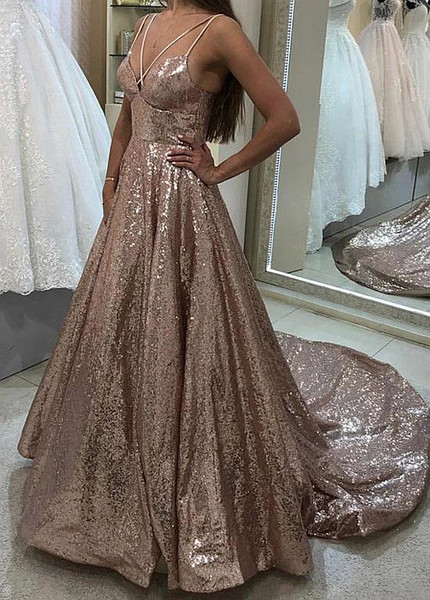 Shop Sexy Sequin Lace Spaghetti Straps Gold Backless A-line Evening Prom Dresses under 200