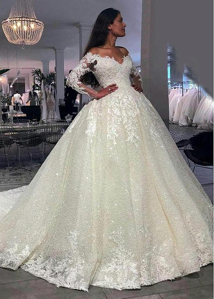 Shop 2020 Romantic Lace Off-the-shoulder Beading Long Sleeves Ball Gown Wedding Dress under 300