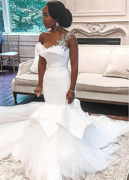 one shoulder satin wedding dress