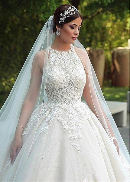 Shop Beautiful Tulle Jewel Beading Backless Ball Gown Wedding Dresses With Lace Appliques from Annakoo