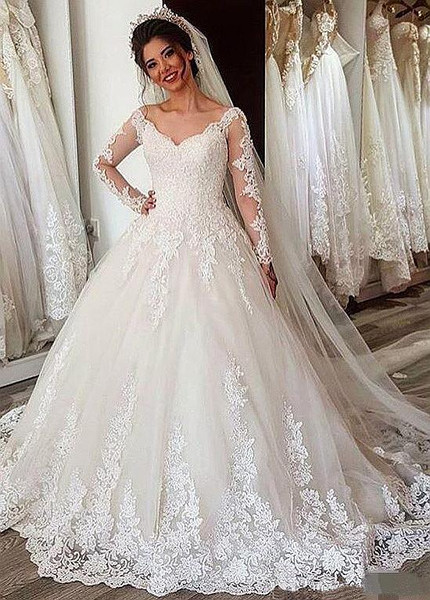 Shop Cheap Tulle V-neck Long Sleeve Beading A-line Wedding Dresses With Lace Appliques under 200