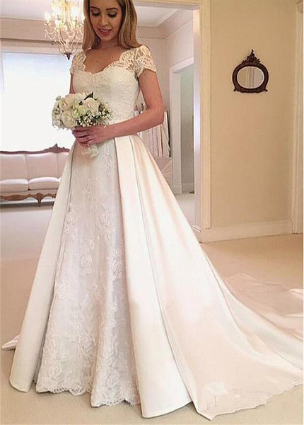 Shop Beautiful Lace Appliques Satin Scoop A-line Wedding Dresses With Detachable Train under 200