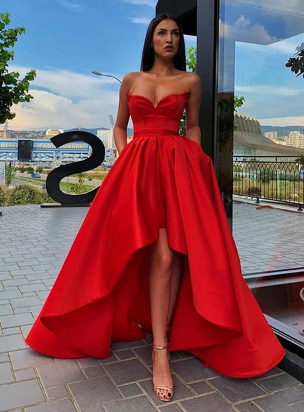 Shop Cheap Annakoo Red Satin High Low Sweetheart Prom Dress With Pocket under 100