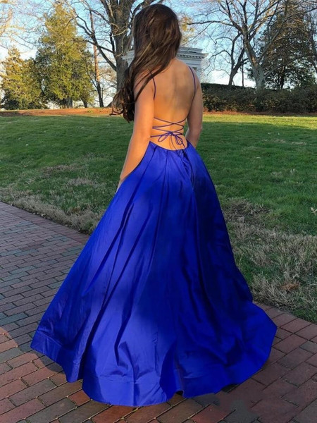 Shop Sexy 2020 High Low Royal Blue Satin Spaghetti Straps Cross Straps Back Prom Dress under 100