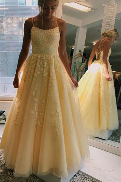 Shop 2020 Unique Spaghetti Straps Tulle Appliques Lace Up Back Yellow Long Prom Dress  from Annakoo