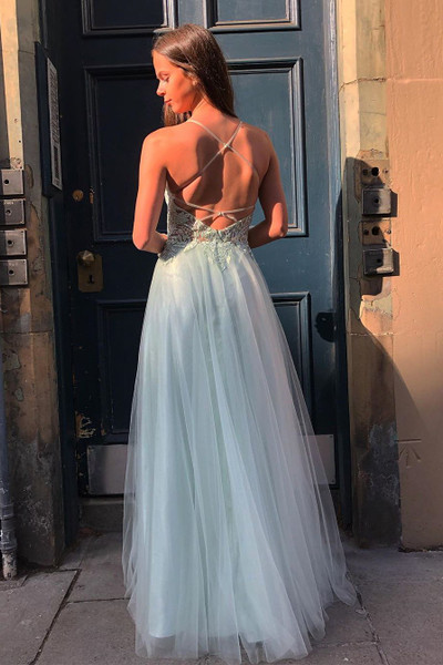 Shop Annakoo 2020 Beautiful Halter Light Blue Long Prom Dress with Lace Appliques under 150