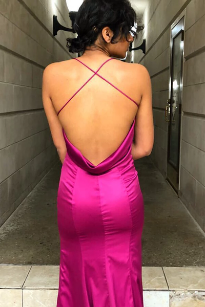 Shop Cheap China 2020 Sexy Hater Satin Criss Cross Cowl Back Mermaid Fuchsia Prom Dress under 100 from Annakoo