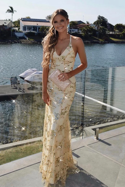 Shop Bling Bling 2020 Champagne Sparkle Lace-Up Mermaid Long Gold Prom Dress with Sequins from Annakoo