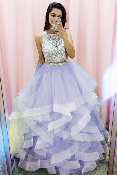 Shop 2020 New Arrival Tulle Sequins Top Princess Two Piece Champagne Prom Dress from ANNAKOO