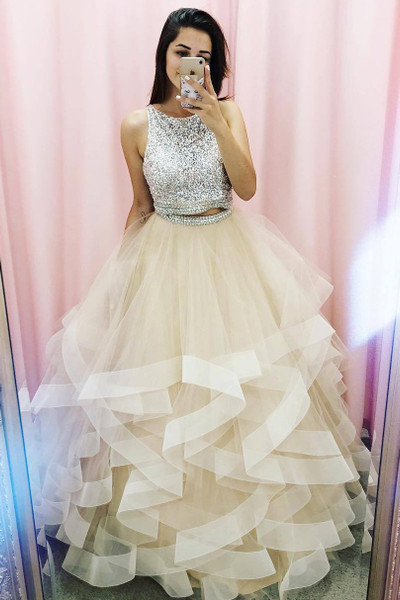 Shop 2020 New Arrival Tulle Sequins Top Princess Two Piece Champagne Prom Dress from ANNAKOO