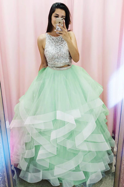 Shop 2020 New Arrival Tulle Sequins Top Princess Two Piece Champagne Prom Dress from ANNAKOO