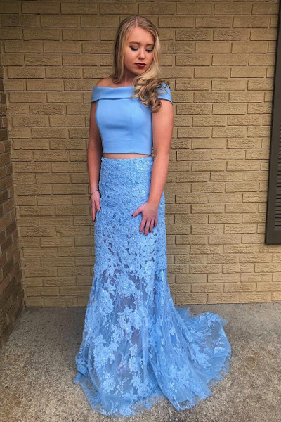 Shop 2020 Annakoo Beautiful Off Shoulder Lace Sky Blue Two Piece Mermaid Prom Dress under 200
 